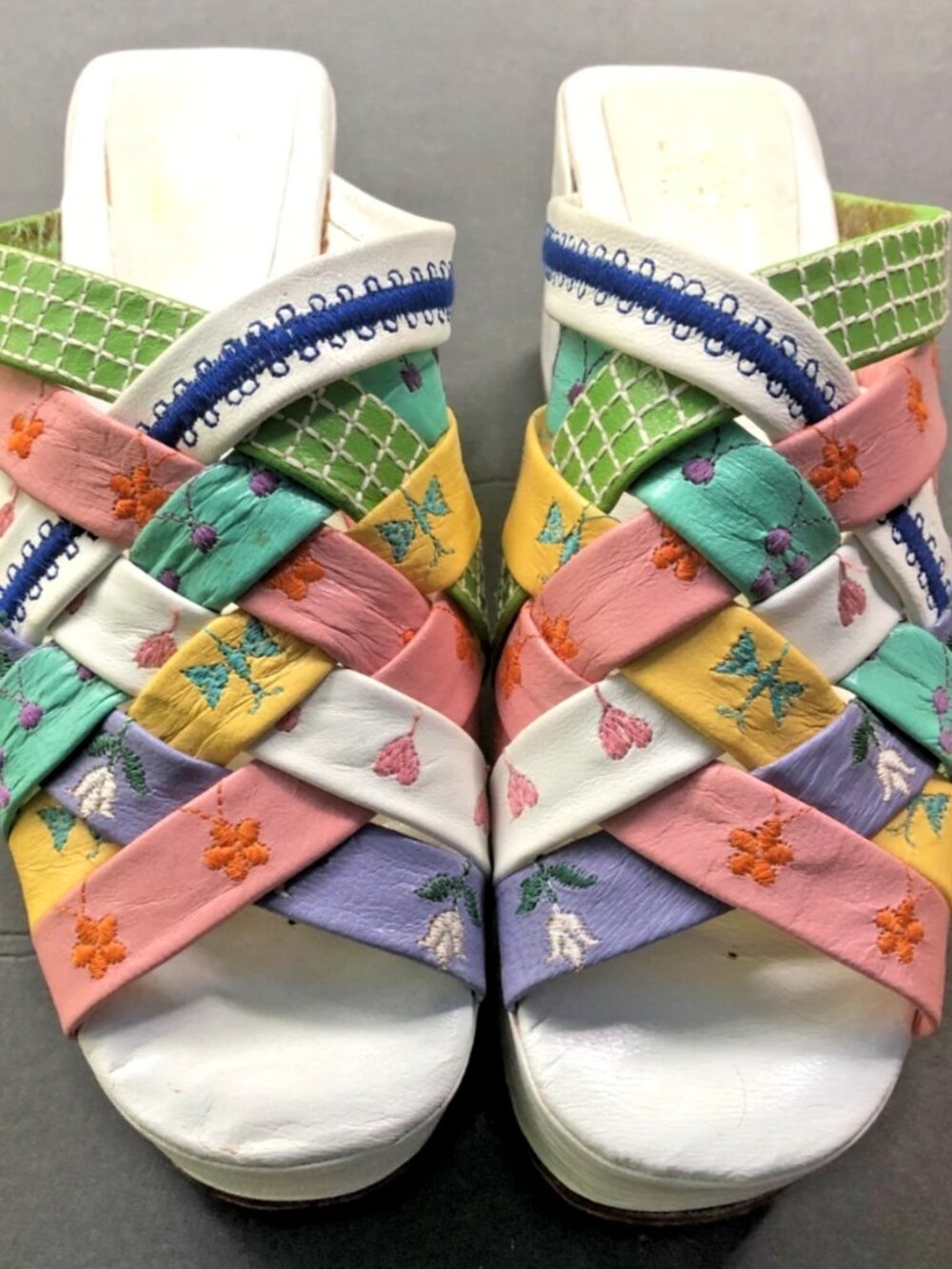 Vintage Edouard Jerrold Multicolor Woven Platform Sandals Greek Handmade 5 BOHO